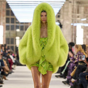 Stella hooded faux fur coat shown in green, brown, rose red and red