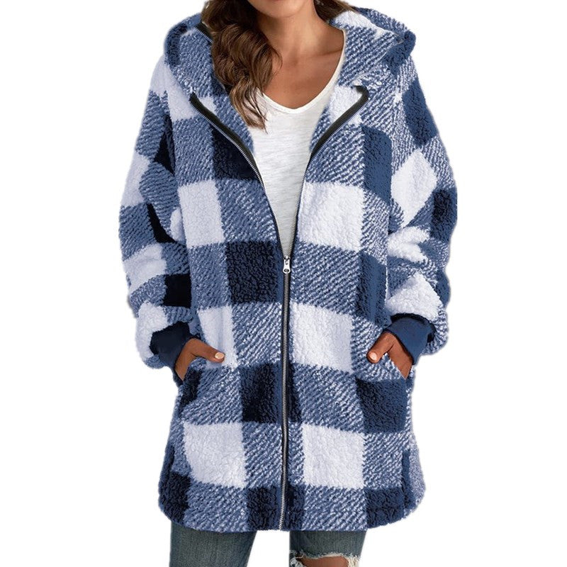 Arabella plaid fleece coat shown in multiple colours, tailored cozy winter outerwear