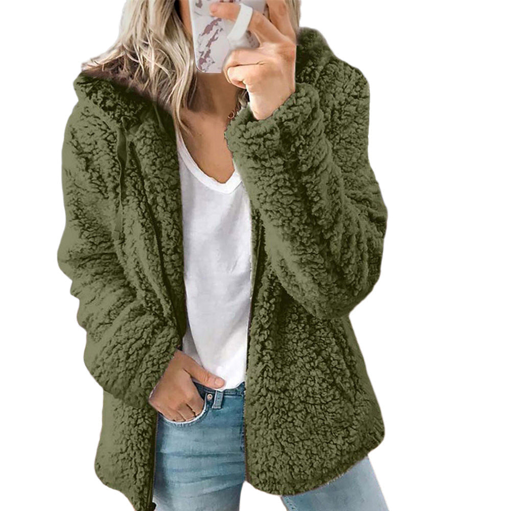 Raina hooded sherpa coat in plush teddy fleece with relaxed long-line fit
