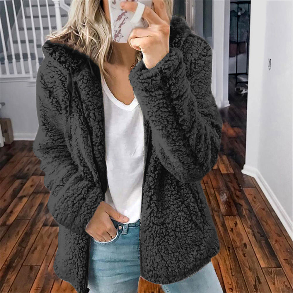 Raina hooded sherpa coat in plush teddy fleece with relaxed long-line fit