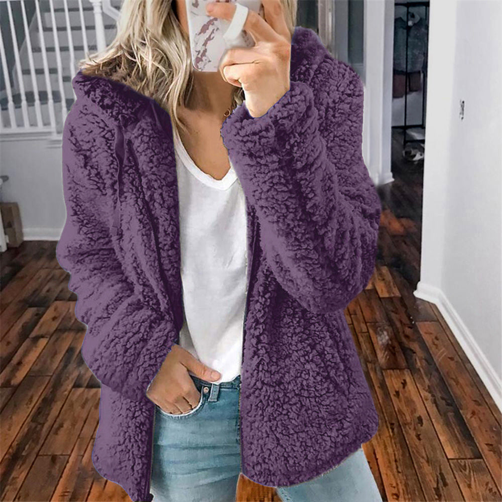 Raina hooded sherpa coat in plush teddy fleece with relaxed long-line fit