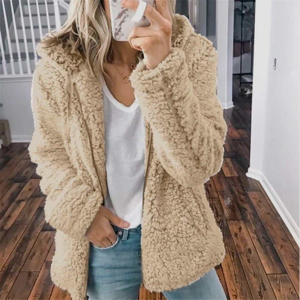 Raina hooded sherpa coat in plush teddy fleece with relaxed long-line fit