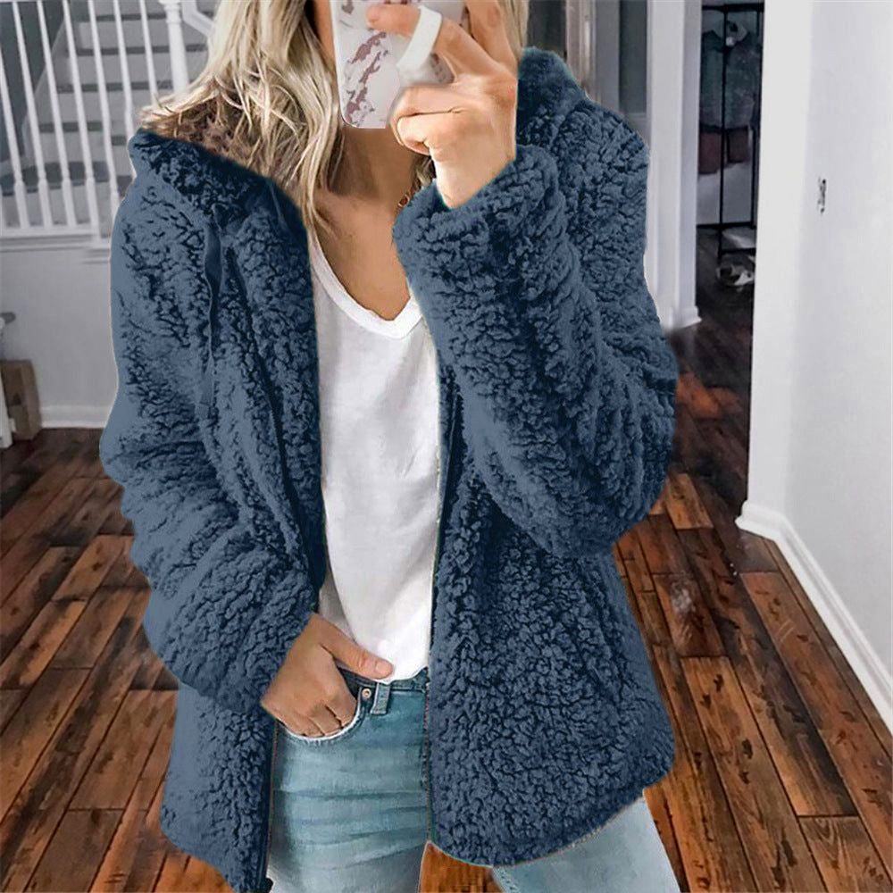 Raina hooded sherpa coat in plush teddy fleece with relaxed long-line fit