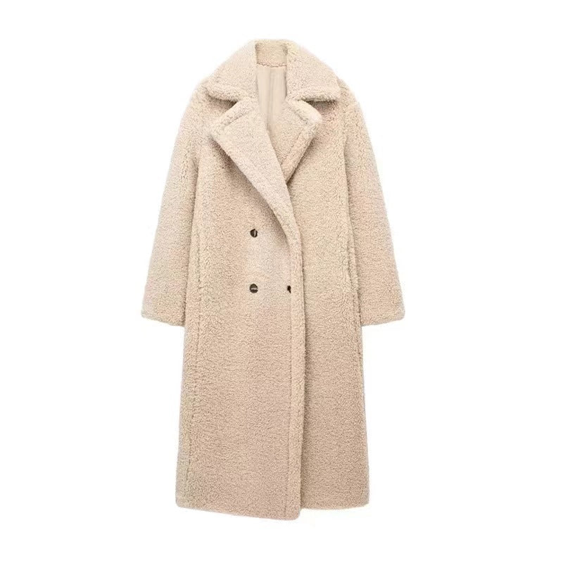 Isadora luxe teddy overcoat in beige, tailored fit for warm winter layering