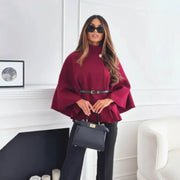 Hattie high neck cape coat in claret, tailored with an elegant cape silhouette