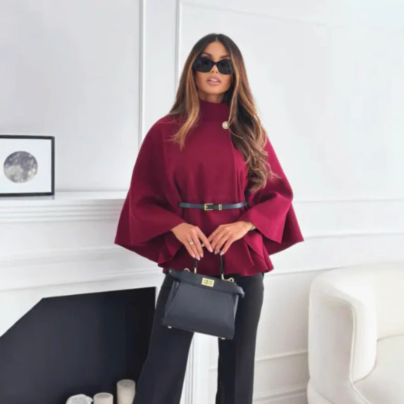 Hattie high neck cape coat in claret, tailored with an elegant cape silhouette