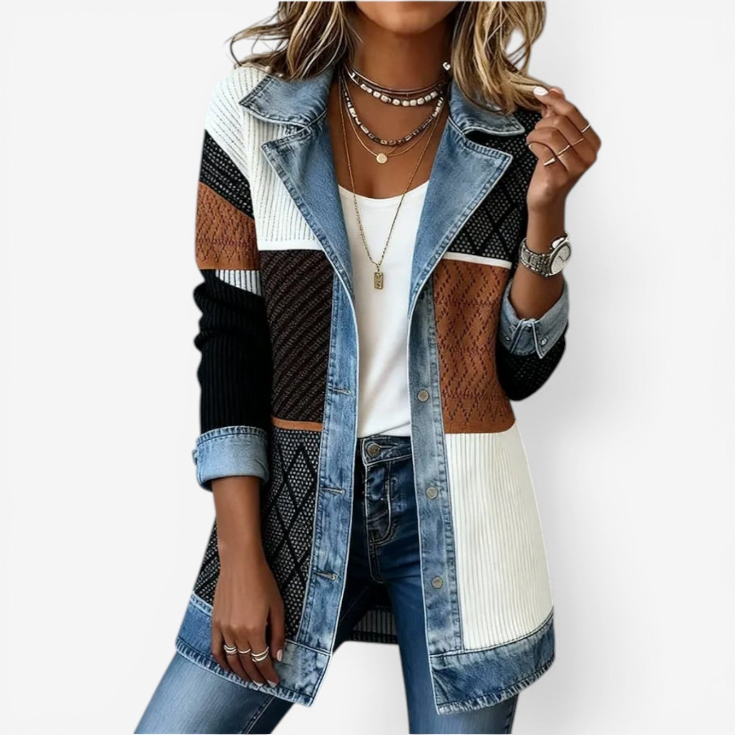Emilia open-front mixed media layered jacket with soft body and structured detailing
