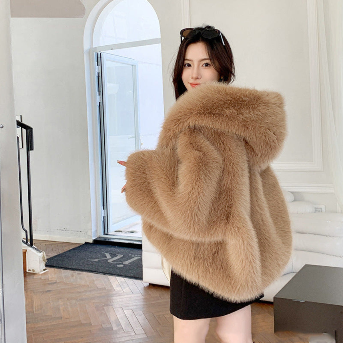 Stella hooded faux fur coat shown in green, brown, rose red and red
