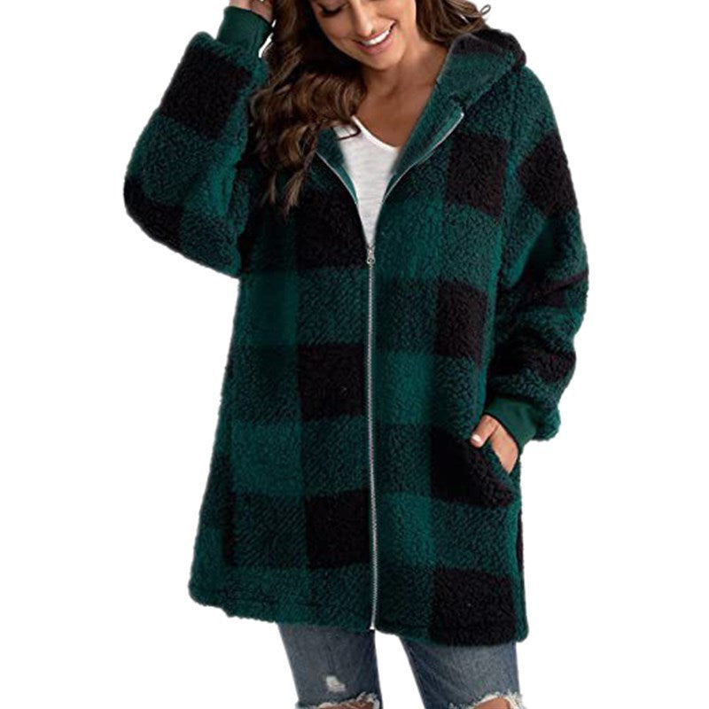 Arabella plaid fleece coat shown in multiple colours, tailored cozy winter outerwear