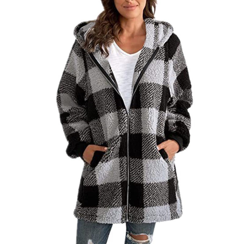 Arabella plaid fleece coat shown in multiple colours, tailored cozy winter outerwear