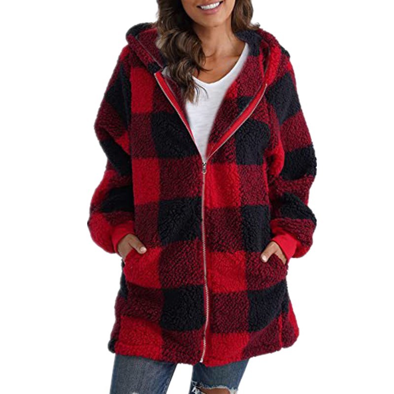 Arabella plaid fleece coat shown in multiple colours, tailored cozy winter outerwear