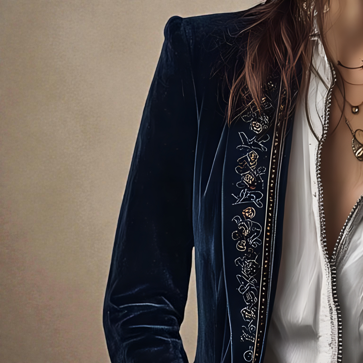 Elise velvet statement blazer with tailored waist, shown in navy, black and berry red