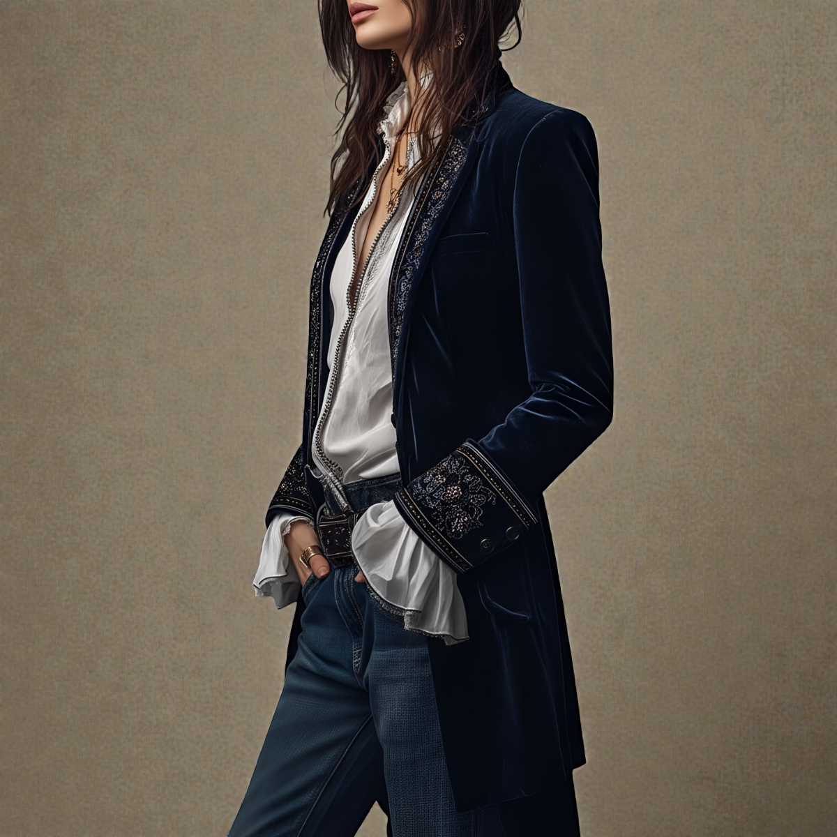 Elise velvet statement blazer with tailored waist, shown in navy, black and berry red