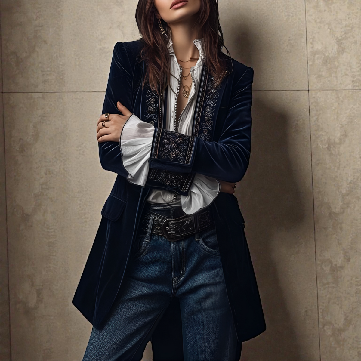 Elise velvet statement blazer with tailored waist, shown in navy, black and berry red