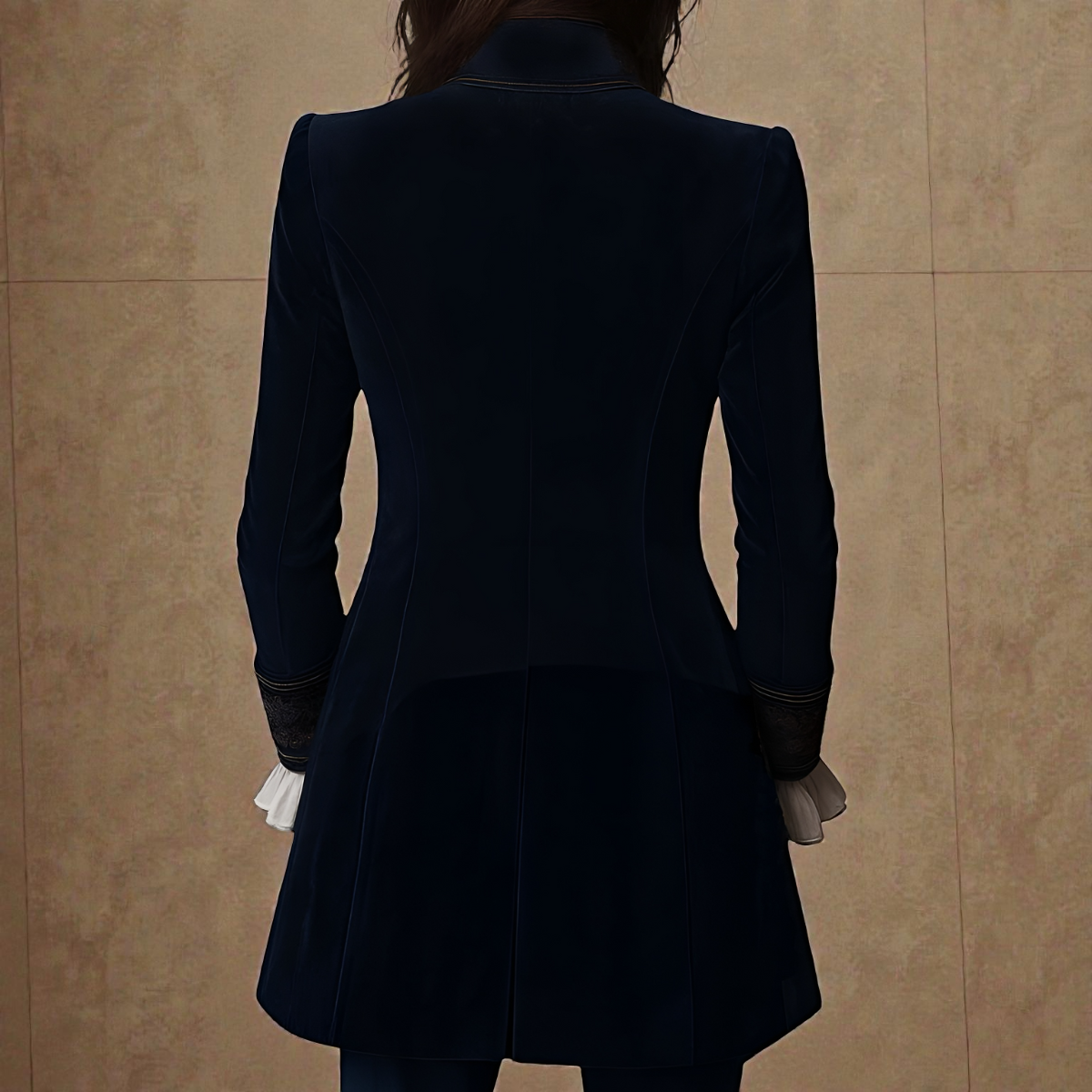 Elise velvet statement blazer with tailored waist, shown in navy, black and berry red