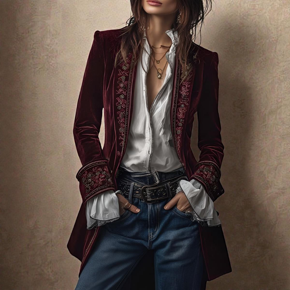 Elise velvet statement blazer with tailored waist, shown in navy, black and berry red