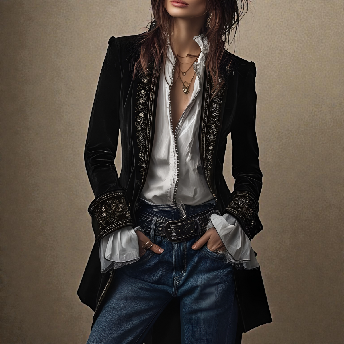 Elise velvet statement blazer with tailored waist, shown in navy, black and berry red