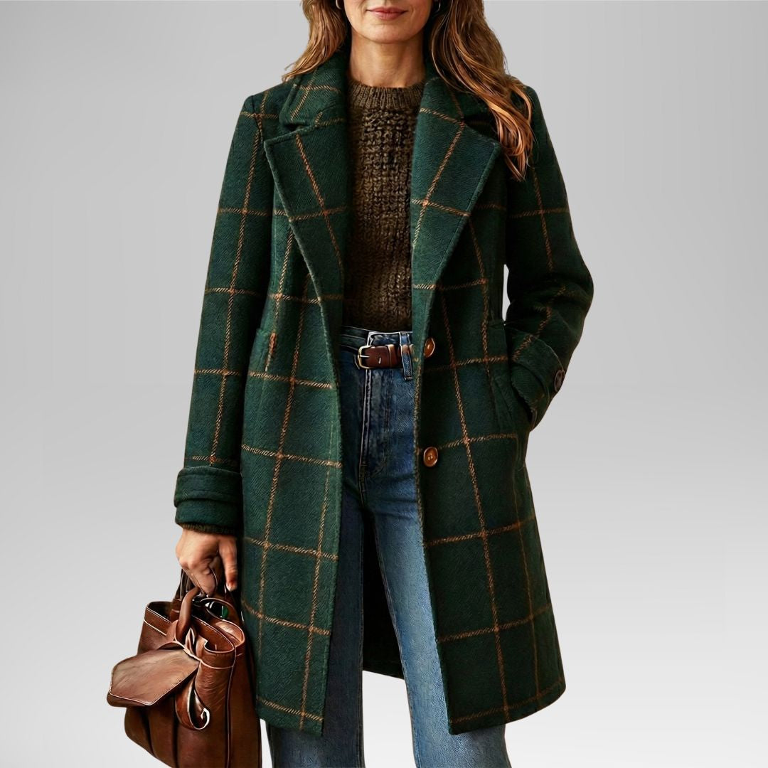Dark green heritage tweed coat with retro lapel styling