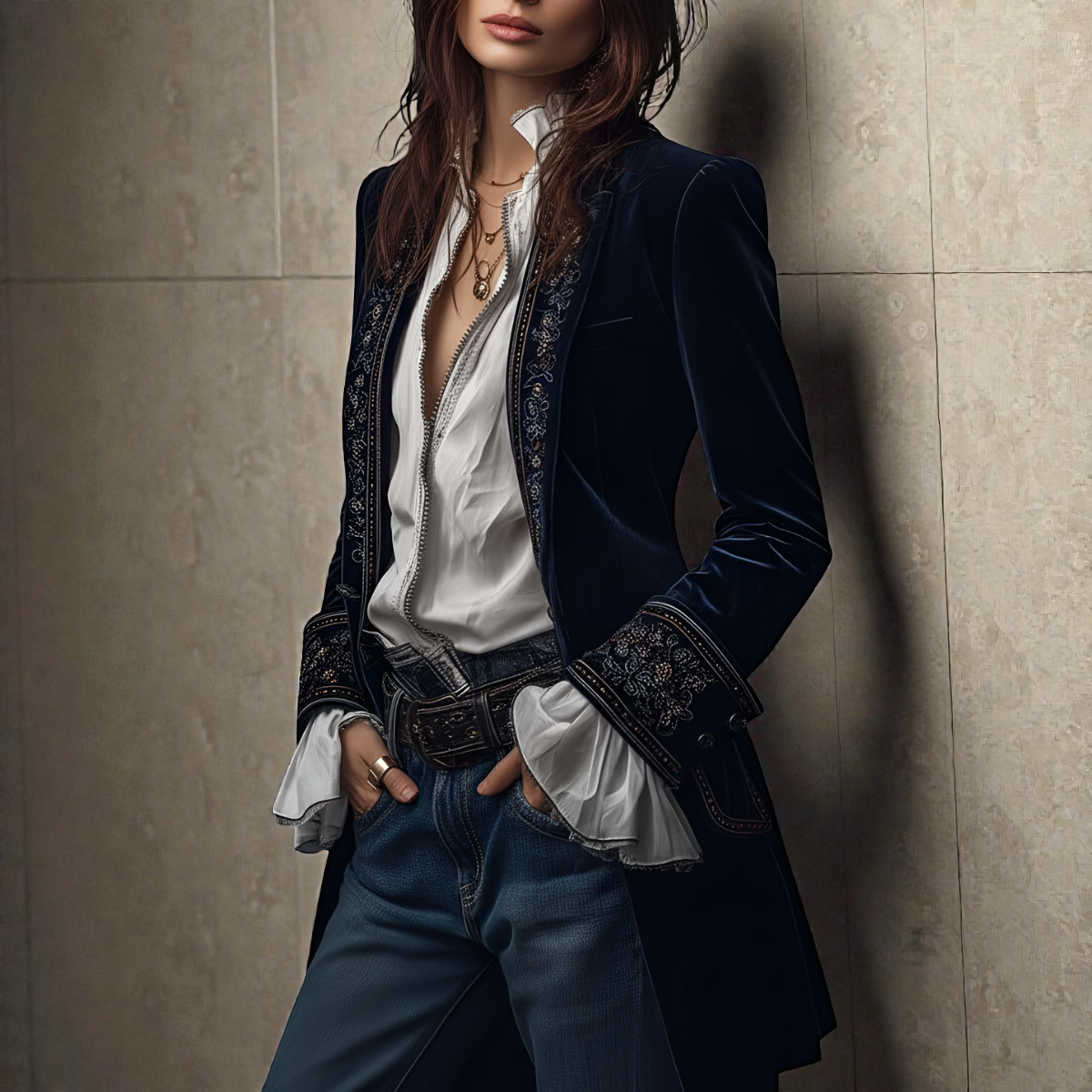 Elise velvet statement blazer with tailored waist, shown in navy, black and berry red