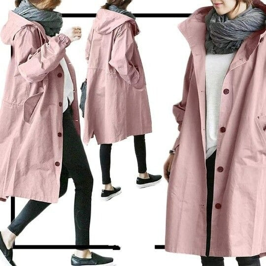 Eva tailored trench coat shown in neutral and soft colours, buttoned and belted