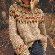 Astrid women's Nordic knit jumper in caramel and gray with a cozy textured weave