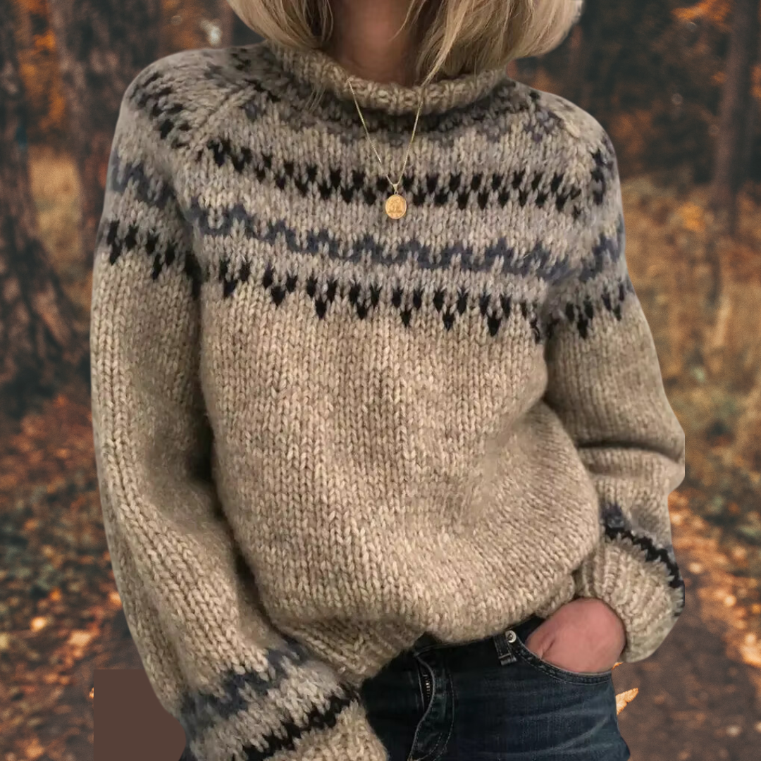 Astrid women's Nordic knit jumper in caramel and gray with a cozy textured weave