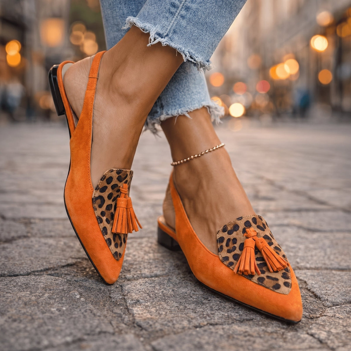 Handmade flat sandals with straps, tassels and suede-effect finish in a vibrant colour combination