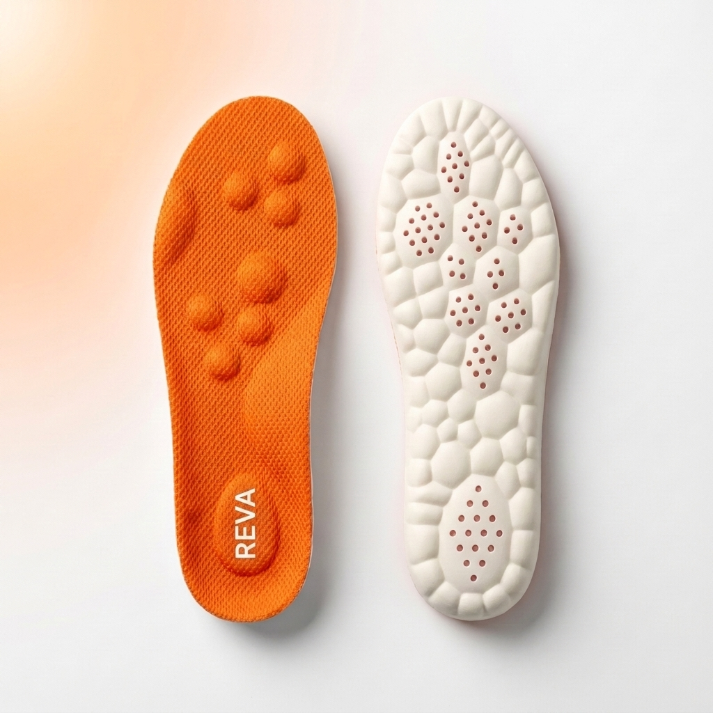 Cushioned arch support insoles with deep heel cup in orange, black and grey