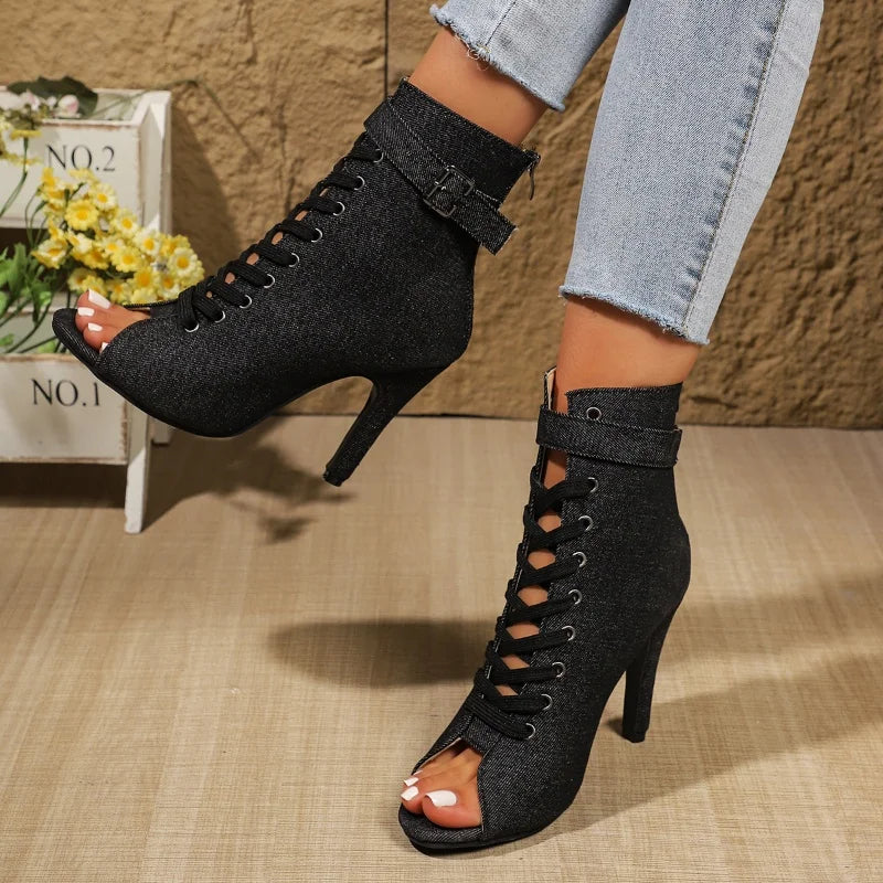 Denim lace-up open-toe stiletto heels with back zipper in blue and black