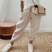 Delvenne khaki ethnic retro print pull-on pants with drawstring straight-leg fit