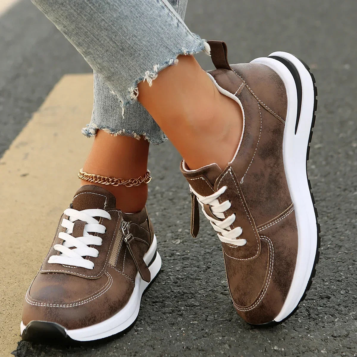 Vanessa lace-up platform sneakers with side zipper in brown and black