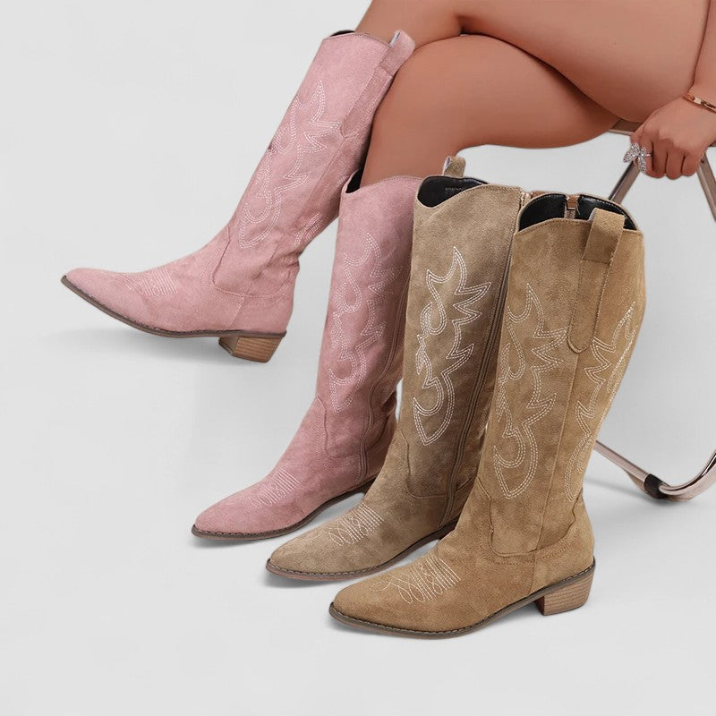 Clara | Western Boots in Dark Brown, Khaki & Pink