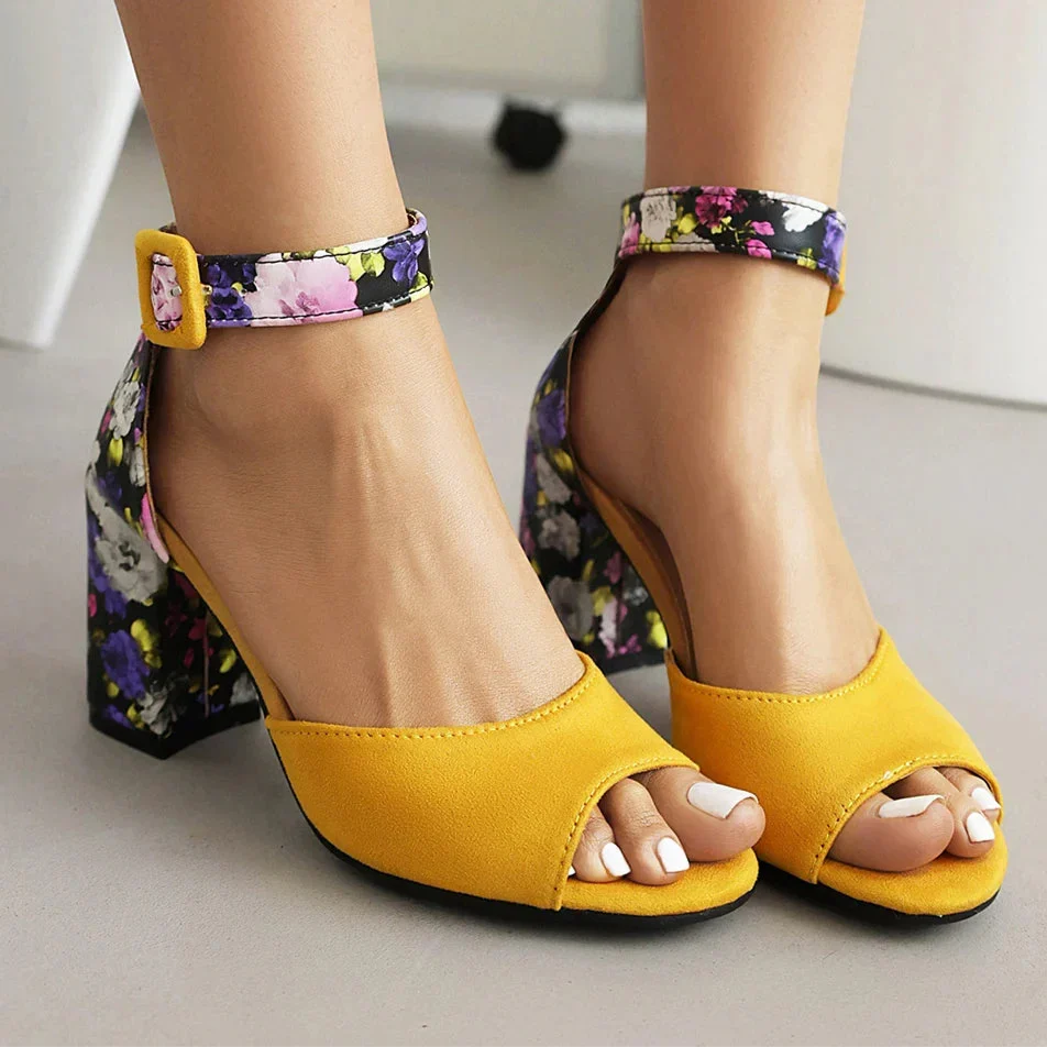 Floral-print peep-toe block heel sandals with adjustable buckle ankle strap in vibrant shades