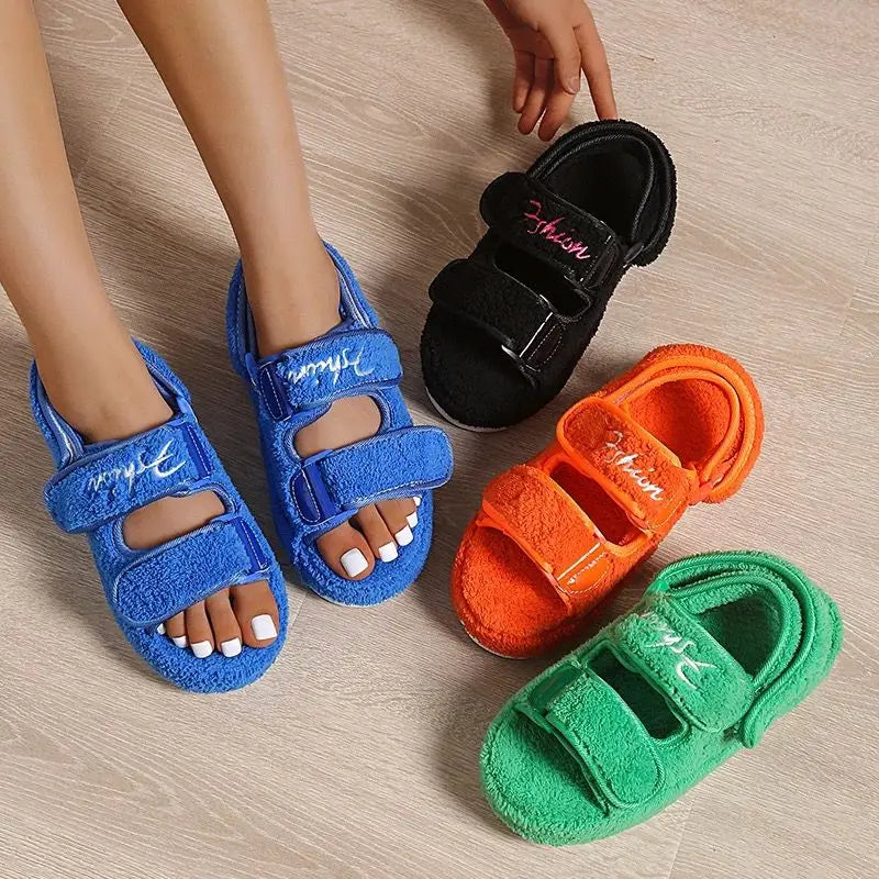 Plush terry platform slide sandals with adjustable velcro straps in bold colours