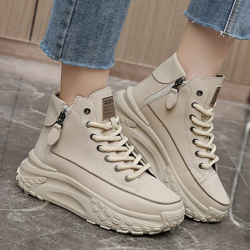 Platform high-top sneakers with side zippers and chunky sole in white, beige and black