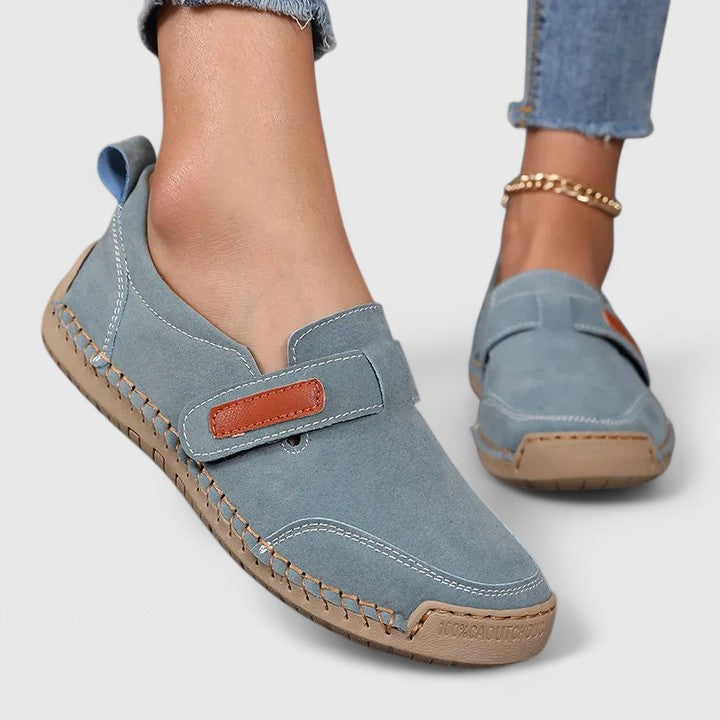 Comfortable slip-on everyday shoes shown in blue, khaki and green
