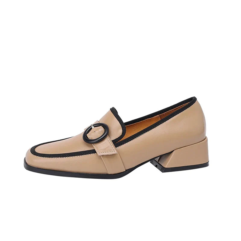 Premium Italian leather slip-on loafers with a low heel in black, white and khaki