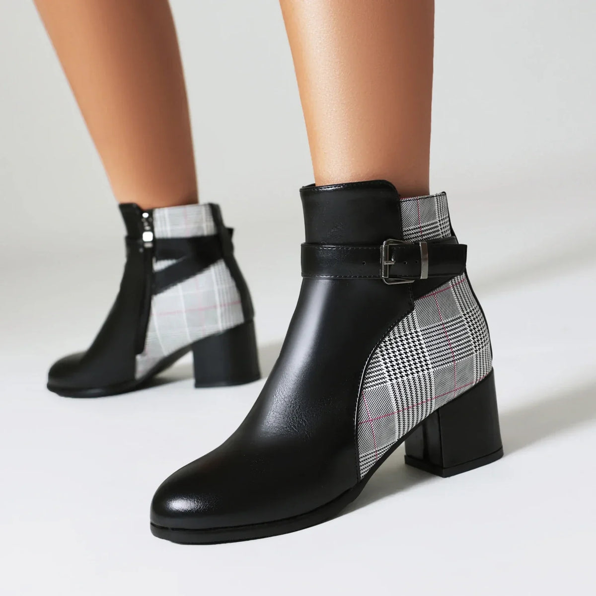 Checkered patchwork block heel boots with buckle strap and smooth eco-leather