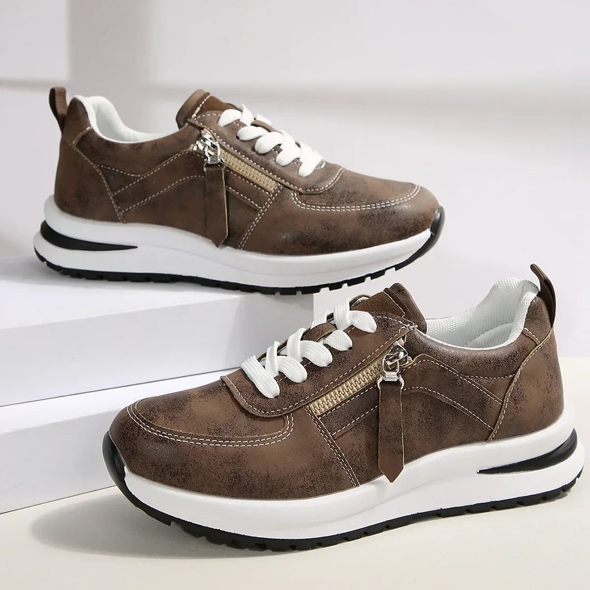 Vanessa lace-up platform sneakers with side zipper in brown and black
