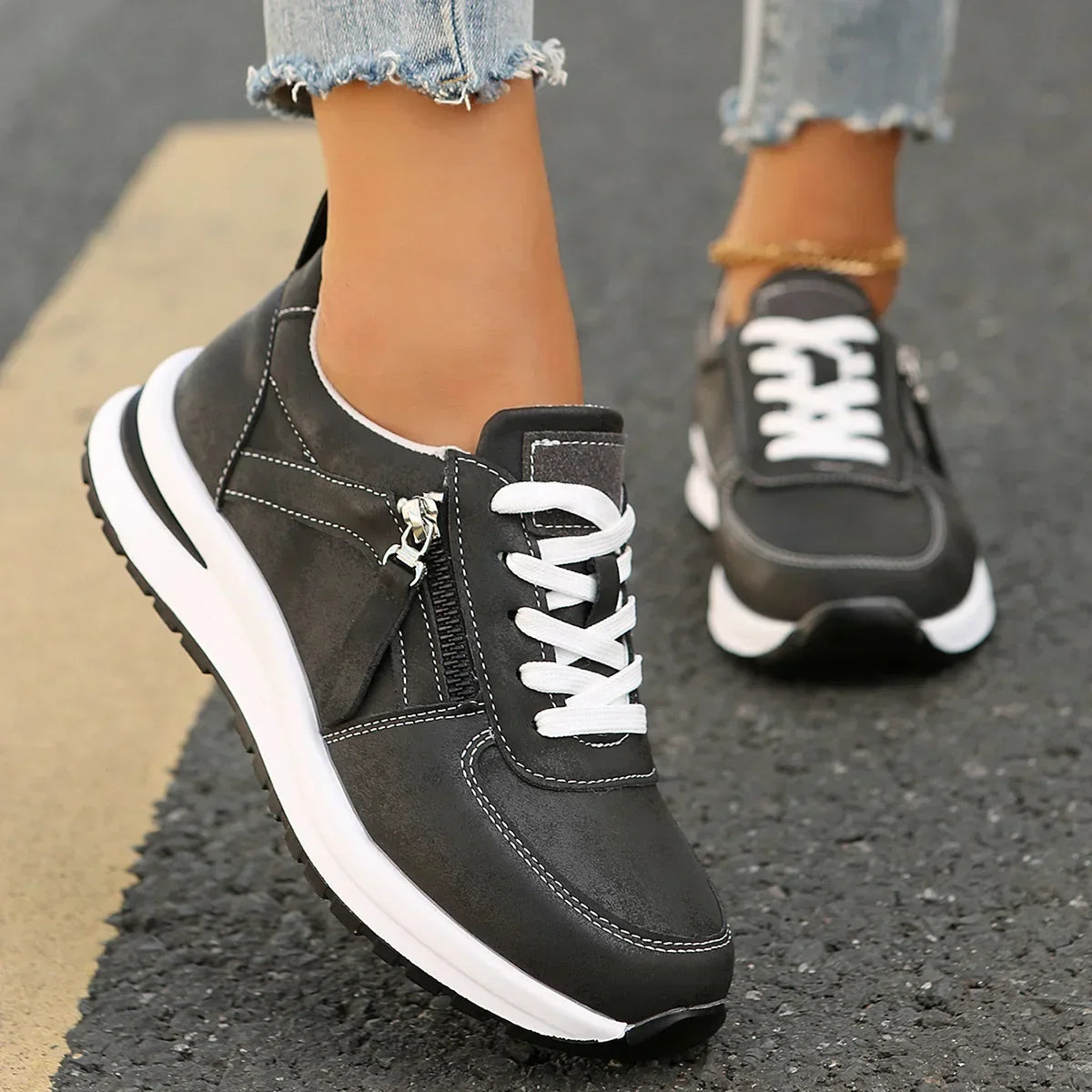 Vanessa lace-up platform sneakers with side zipper in brown and black
