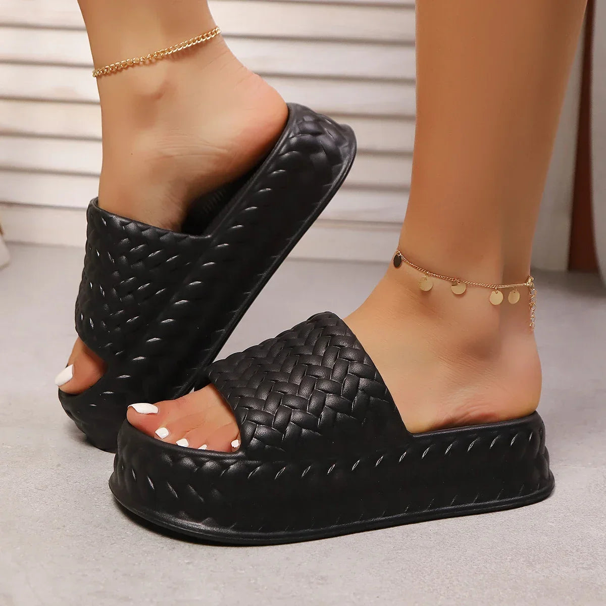 Cushioned platform slide slippers with soft EVA sole in neutral tones