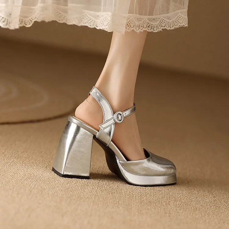 Flare heel closed-toe leather sandals in gold and silver