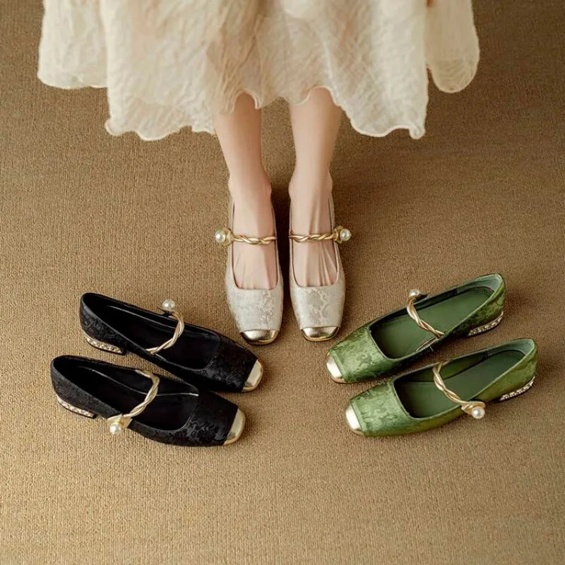 Brocade flats with gold-toned pearl strap and crystal-studded low block heel