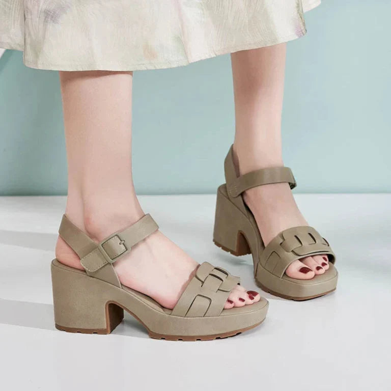 Womens triple-strap block heel platform sandals with adjustable ankle strap in beige, black and khaki