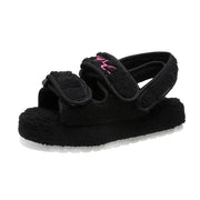 Plush terry platform slide sandals with adjustable velcro straps in bold colours