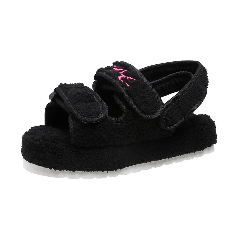 Plush terry platform slide sandals with adjustable velcro straps in bold colours
