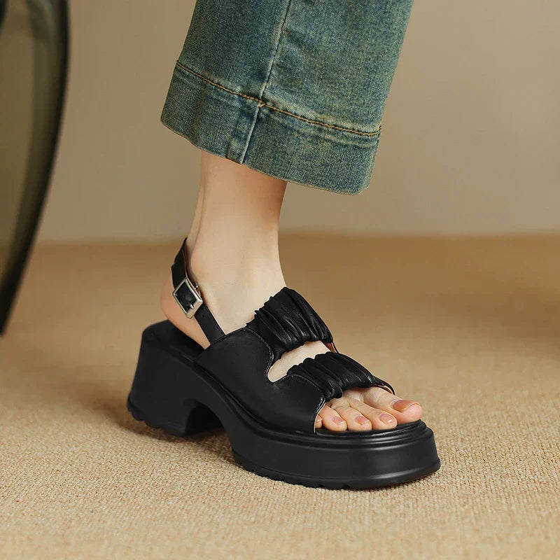 Ruched double-strap chunky heeled sandals with adjustable ankle strap and buckle closure