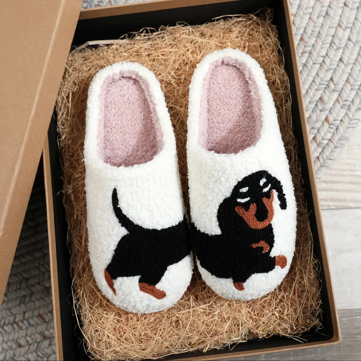Dachshund novelty slippers with cushioned insole and non-slip white sole