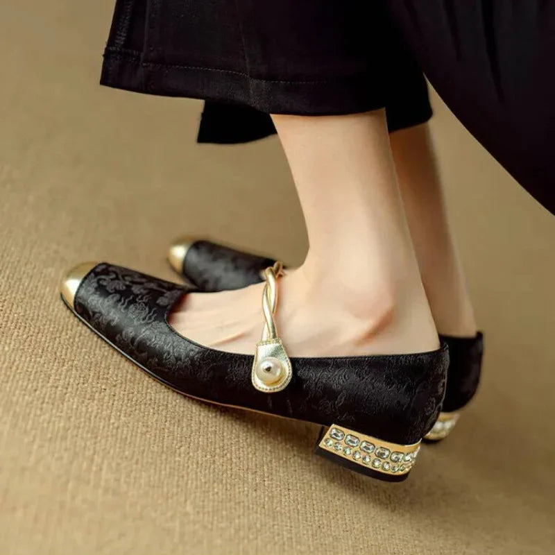 Brocade flats with gold-toned pearl strap and crystal-studded low block heel