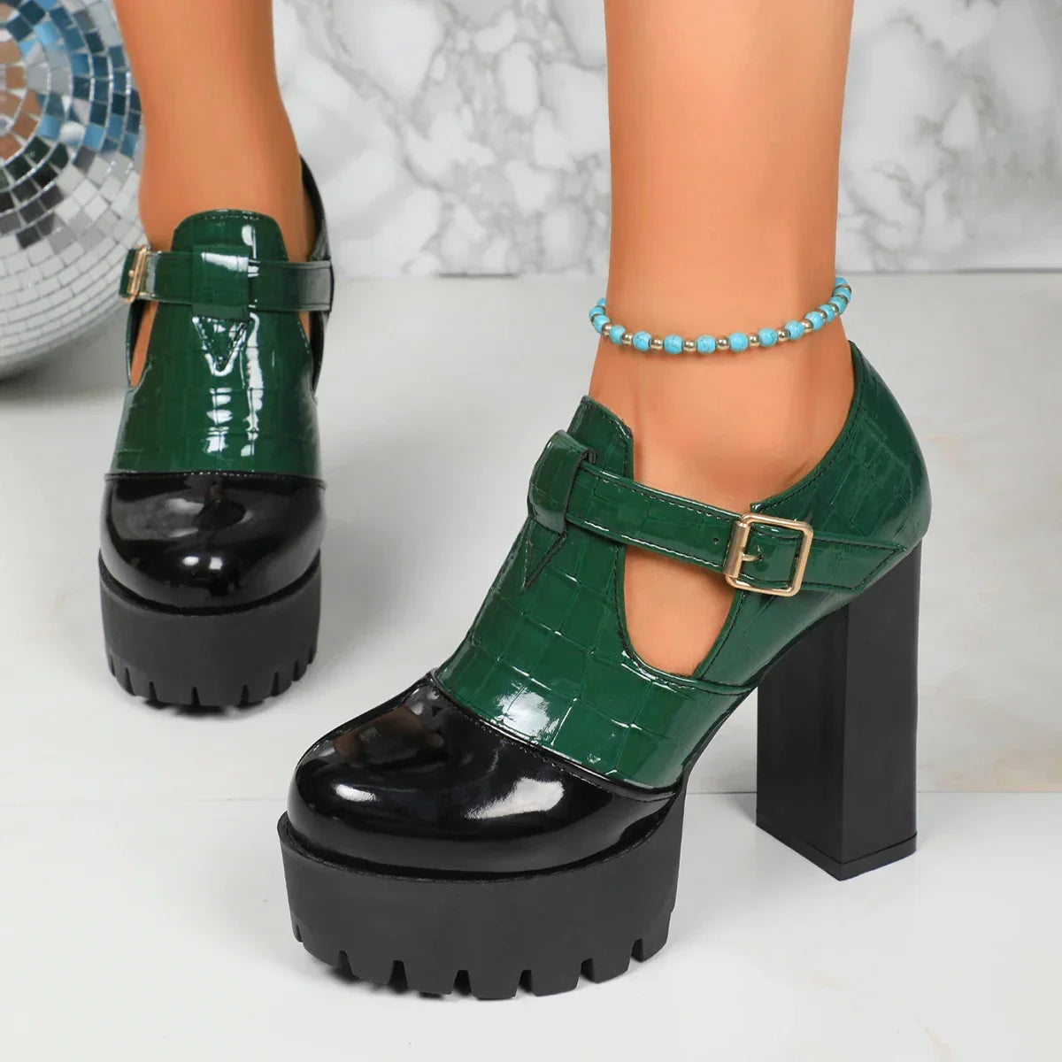 Croc-effect block heel sandals with an adjustable gold-tone front strap and enclosed heel